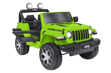 E-Spidko Auto elettrica Jeep Rubicon 12V, colore lime, mis. 126 x 70 x 80 cm, accensione con effetti sonori, chiave per l'accensione, clacson funzionante, cinture di sicurezza, retromarcia, fari LED anteriori e posteriori, cofano apribile, portata massima - 8