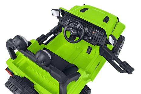 E-Spidko Auto elettrica Jeep Rubicon 12V, colore lime, mis. 126 x 70 x 80 cm, accensione con effetti sonori, chiave per l'accensione, clacson funzionante, cinture di sicurezza, retromarcia, fari LED anteriori e posteriori, cofano apribile, portata massima - 10