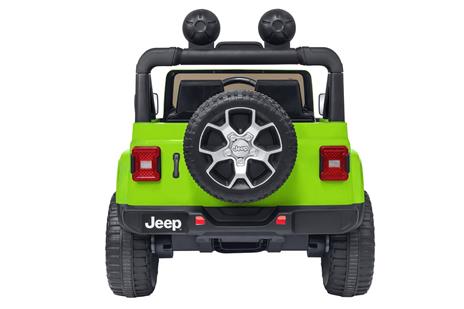 E-Spidko Auto elettrica Jeep Rubicon 12V, colore lime, mis. 126 x 70 x 80 cm, accensione con effetti sonori, chiave per l'accensione, clacson funzionante, cinture di sicurezza, retromarcia, fari LED anteriori e posteriori, cofano apribile, portata massima - 11