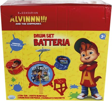 Alvin and The Chipmunks - Batteria e percussioni ingombro prodotto aperto: 74 L X 56 H X 40 P cmcon 2 Tom-Tom, 1 piatto in metallo, grancassa con pedalesgabello e bacchette incluse - 3