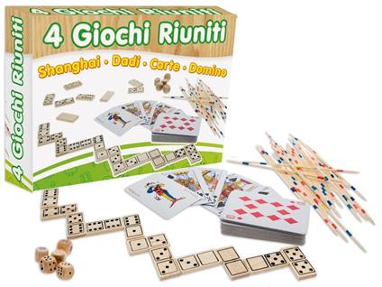 4 Giochi Riuniti In Legno. Shanghai, Dadi, Carte, Domino