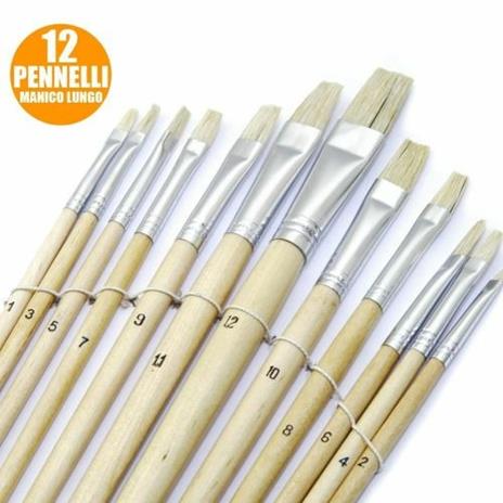 Set 12 Pennelli Piatti Manico Legno Lungo Spessore 1-12mm Hobby Pittura - 2