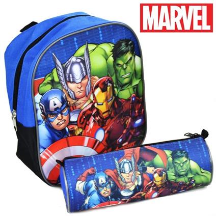 Zaino Zainetto Asilo Marvel Avengers + Astuccio Tombolino Kit Scuola