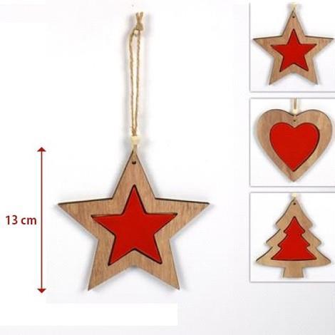 3 Appendini Natale In Legno Stella Albero Cuore Rosso Decorazioni Natalizie - 2