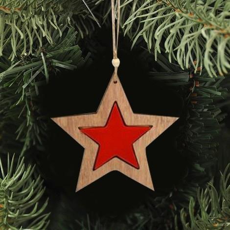 3 Appendini Natale In Legno Stella Albero Cuore Rosso Decorazioni Natalizie - 3