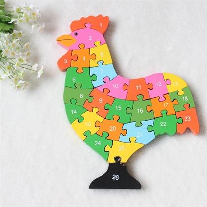 3D Puzzle Legno Forma Di Gallina Educativo Lettere Numeri Bambini Imparare