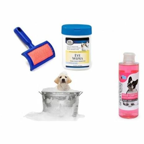 Kit Pulizia Cani Shampoo Azione Addolcente Salviettine Spazzola Cardatore Pelo Corto - 2