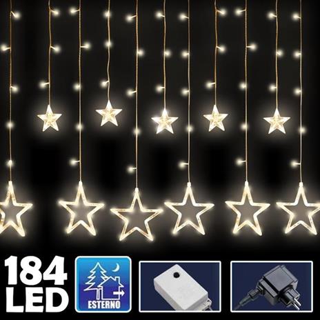 Tenda Luminosa Natalizia 140Led Con Stelle Bianco Caldo 2Mt Esterno Prolungabile