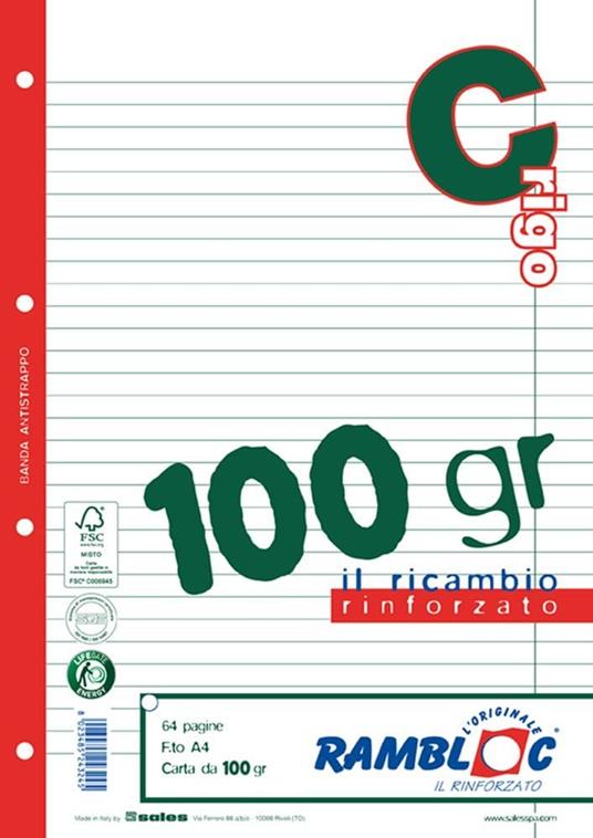 Ricambio Quaderno Ad Anelli Rinforzato Righe Con Margine – A4 – 100gr. 80  Fogli - Rambloc - Cartoleria e scuola | IBS