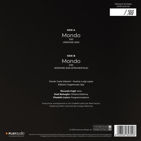 Mondo 2020 (feat. Dodi Battaglia) (Limited Edition - Orange Coloured Vinyl)  - Riccardo Fogli - Vinile | IBS