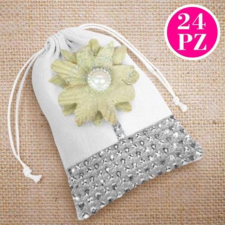 Set 24 Sacchetti In Tessuto Bianco Con Fiore Strass Brillantini E Laccio 14X11Cm