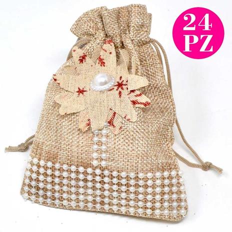 Set 24 Sacchetti Per Confetti In Juta Beige Con Fiore Perline E Laccio 14X11Cm