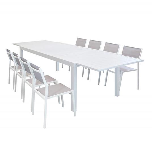 DEXTER - set tavolo giardino rettangolare allungabile 200/300x100 con 8  sedie in alluminio bianco e textilene da esterno - Milani Home - Idee  regalo | IBS