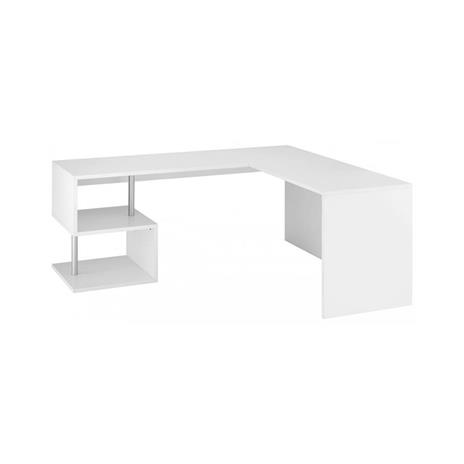 Scrivania ad angolo per ufficio e studio con scaffale, Made in Italy,  Tavolo da computer, Scrittoio porta PC, cm 160x60h78, colore Bianco lucido