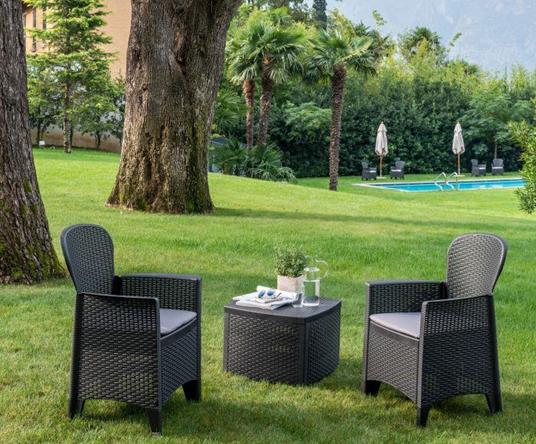 Set da giardino con cuscini, 2 poltrone e 1 tavolino contenitore da esterno,  Made in Italy, color Antracite - DMORA - Idee regalo | IBS