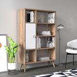 Libreria essenziale con sei scomparti aperti e un'anta battente, cm 80 x 25 x 121, colore quercia con dettaglio bianco