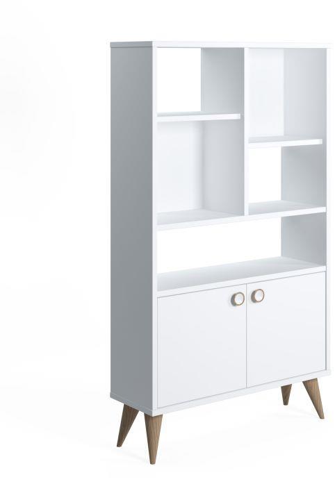 Libreria con due ante battenti e cinque scomparti aperti, cm 75 x 25 x 131, colore bianco - 2