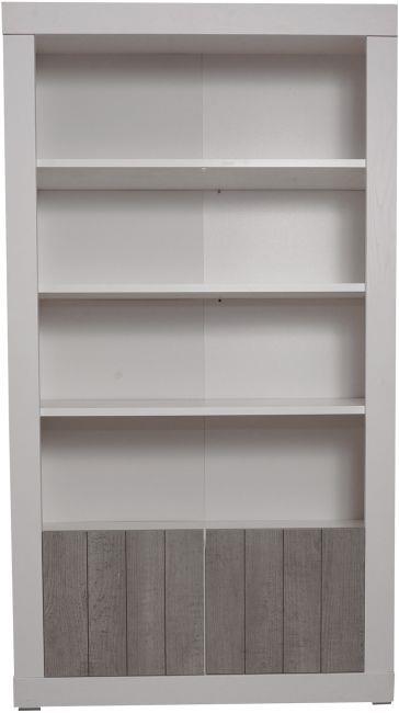 Libreria alta con 4 ripiani e 2 antine battenti, Scaffale per libri e documenti, Libreria portaoggetti da ufficio, cm 105x42h191, colore Bianco e Cemento - 3