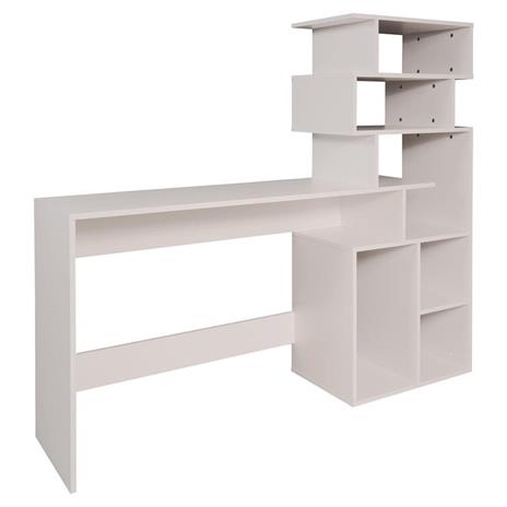 Scrivania con libreria alta moderna, Consolle con scaffali portaoggetti, Tavolo da studio per cameretta, cm 160x40xh135, colore Bianco - 2