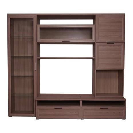 Parete attrezzata da soggiorno, Mobile porta TV con vetrina e pensili con scaffali, Salotto completo, cm 240x50h215, colore Rovere - 3