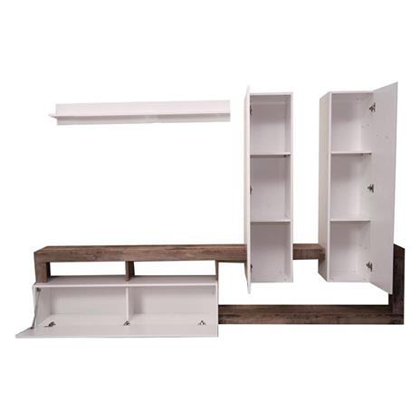 Parete attrezzata da salotto, Mobile porta TV con base, 2 pensili e 1 mensola, Soggiorno moderno, Made in Italy, cm 277x35xh173, colore Bianco e Pero - 3