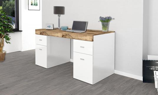 Scrivania per ufficio con cassettiera e piano contenitore, Made in Italy,  Tavolo minimal, Scrittoio porta PC, cm 130x60h75, colore Bianco lucido e  Acero - Dmora - Idee regalo | IBS