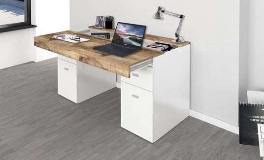 Scrivania per ufficio con cassettiera e piano contenitore, Made in Italy,  Tavolo minimal, Scrittoio porta PC, cm 130x60h75, colore Bianco lucido e  Acero - Dmora - Idee regalo | IBS