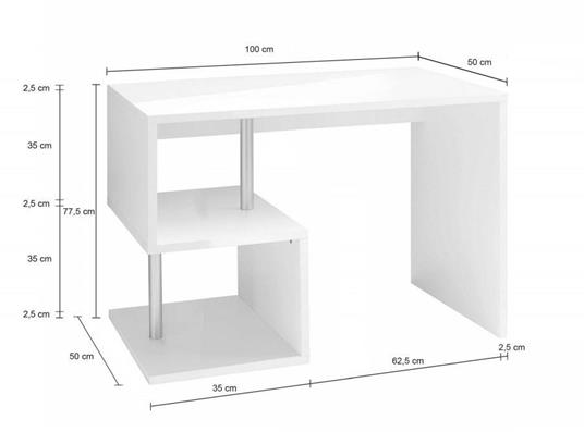 Scrivania moderna ad Esse per ufficio e studio con scaffale, Made in Italy, Tavolo da computer, Scrittoio porta PC, cm 100x50h78, colore Bianco lucido - 3