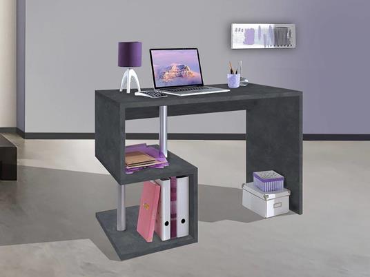 Scrivania moderna ad Esse per ufficio e studio con scaffale, Made in Italy,  Tavolo da computer, Scrittoio porta PC, cm 100x50h78, colore Grigio Cenere