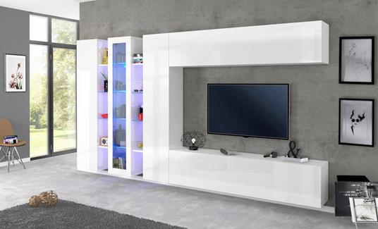 Dmora Parete attrezzata da Soggiorno, Made in Italy, con Luce LED Blu, Base  Porta TV e pensili e scaffali, Set Salotto Moderno, cm 290x40h192, Colore  Bianco Lucido e Cemento : : Casa