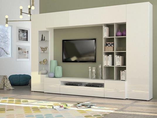 Parete attrezzata da soggiorno, Made in Italy, Base porta TV e pensili e scaffali, Set salotto moderno, cm 290x40h192, colore Bianco lucido e Cemento