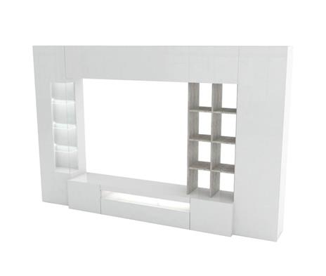 Parete attrezzata da soggiorno, Made in Italy, Base porta TV e pensili e scaffali, Set salotto moderno, cm 290x40h192, colore Bianco lucido e Cemento - 2