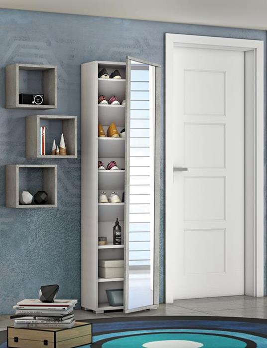 Armadio multiuso a 1 anta a specchio e 7 ripiani regolabili, 100% Made in  Italy, Mobile portascarpe da ingresso, Scarpiera moderna, cm 50x32hx182,  colore Bianco e Cemento - Dmora - Casa e Cucina | IBS