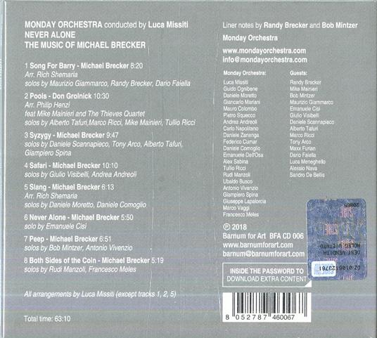 Never Alone. Music of Michael Brecker - CD Audio di Monday Orchestra - 2