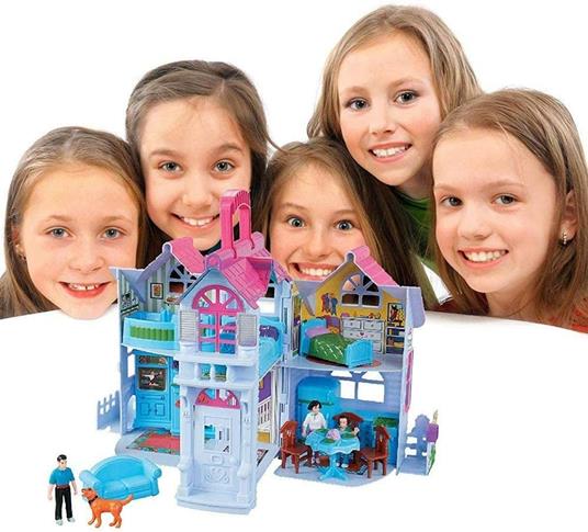 BAKAJI Casa delle Bambole Giocattolo Bambini Villa a 2 Piani con Cucina Soggiorno e Camere da Letto 3 Personaggi Inclusi e Accessori Gioco Richiudibile a Valigetta Portatile - 2