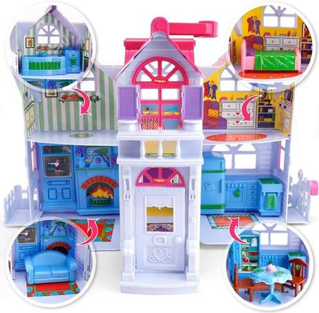 BAKAJI Casa delle Bambole Giocattolo Bambini Villa a 2 Piani con Cucina Soggiorno e Camere da Letto 3 Personaggi Inclusi e Accessori Gioco Richiudibile a Valigetta Portatile - 3