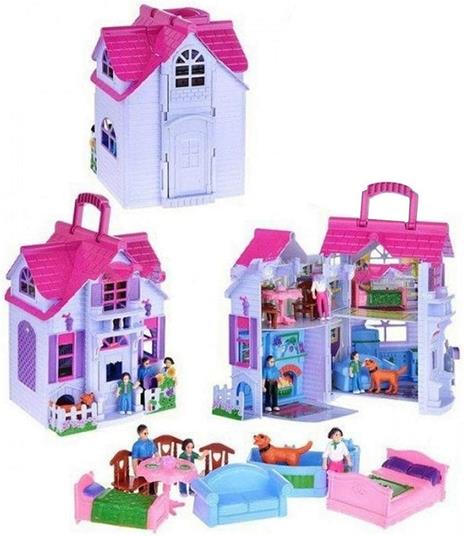 BAKAJI Casa delle Bambole Giocattolo Bambini Villa a 2 Piani con Cucina Soggiorno e Camere da Letto 3 Personaggi Inclusi e Accessori Gioco Richiudibile a Valigetta Portatile - 6