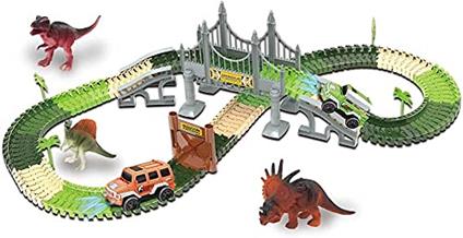 BAKAJI Playset Pista Macchinine Flessibile Parco dei Dinosauri Giocattolo per Bambini con Macchinina Luci LED a Batteria Dinosauro T-Rex Triceratopo e Altri Inclusi + Accessori Gioco Pista 192pz