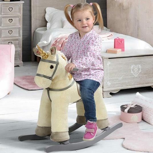 BAKAJI Unicorno Cavallo a Dondolo Giocattolo Cavalcabile per Bambini con Suoni Realistici e Struttura in Legno e Tessuto Peluche Giochi Prima Infanzia Dimensione 74 x 30 x 64 cm (Beige) - 6