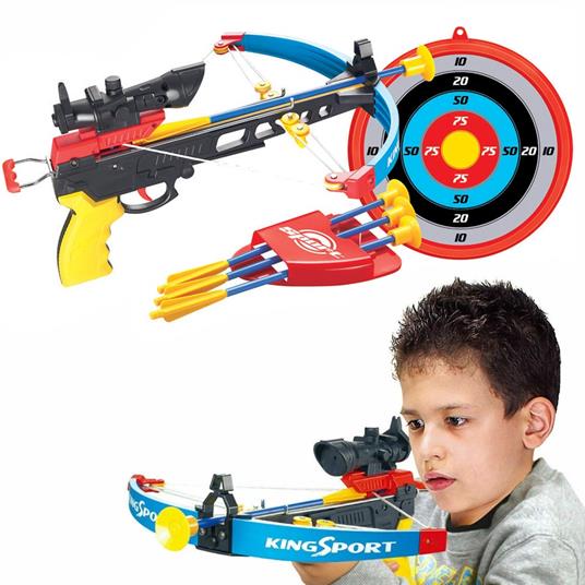 Bakaji Set Arciere Balestra Giocattolo Bambini Curato in Ogni Dettaglio con Mirino e Ricarica Manuale + Bersaglio da Parete 24 cm 4 Frecce e Portafrecce Gioco Sport Multicolore