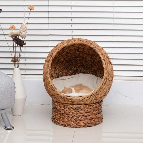 PawHut Cuccia per Gatti in Vimini con Cuscino in Cotone Marrone e Bianco 42  x 33 x 52 cm - PawHut - Idee regalo | IBS