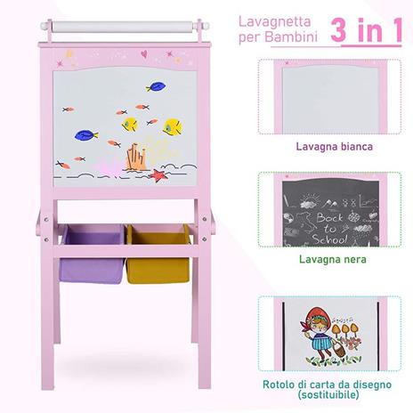 HomCom Lavagnetta con Cavalletto per Bambini 3 in 1 e con Rullo Fogli di Carta in Legno Rosa - 5