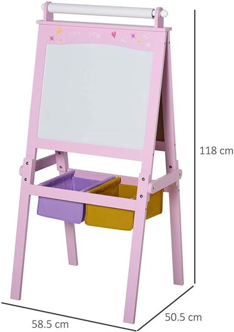 HomCom Lavagnetta con Cavalletto per Bambini 3 in 1 e con Rullo Fogli di Carta in Legno Rosa - 8