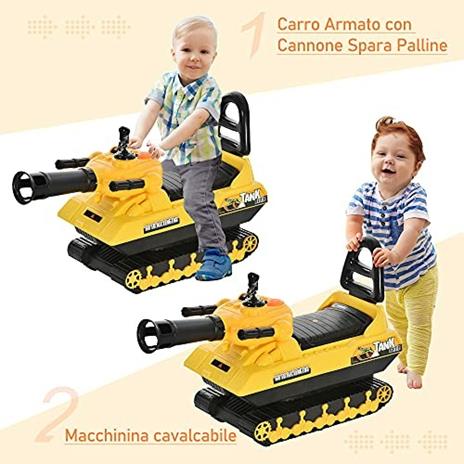 HOMCOM Carro Armato Bambini con Cannone Spara Palline e Vano Contenitore, Giochi Cavalcabili per Bambini +3 Anni, Giallo - 4