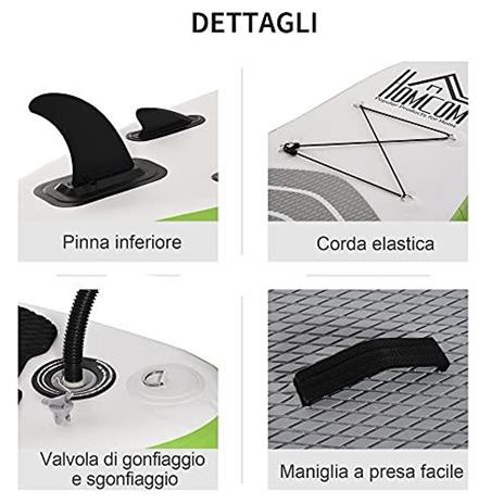 HOMCOM Tavola SUP Gonfiabile con Accessori Inclusi, Stand Up Paddle per  Adulti e Teenager, 305x80x15cm Verde e Bianco