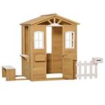 Outsunny Casetta per Bambini in Legno con Finestre, Staccionata, Portavasi e Panca 110x107x140cm