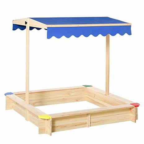 Outsunny Sabbiera per Bambini in Legno con Panca e Tettuccio Parasole Regolabile, 120x120x120cm