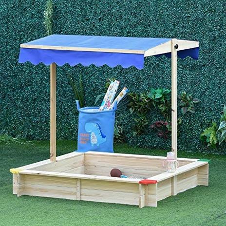 Outsunny Sabbiera per Bambini in Legno con Panca e Tettuccio Parasole Regolabile, 120x120x120cm - 2