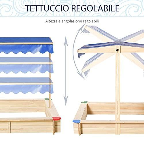 Outsunny Sabbiera per Bambini in Legno con Panca e Tettuccio Parasole Regolabile, 120x120x120cm - 3