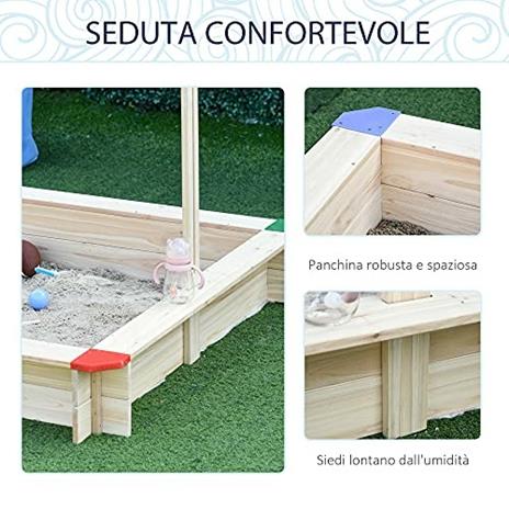 Outsunny Sabbiera per Bambini in Legno con Panca e Tettuccio Parasole Regolabile, 120x120x120cm - 4